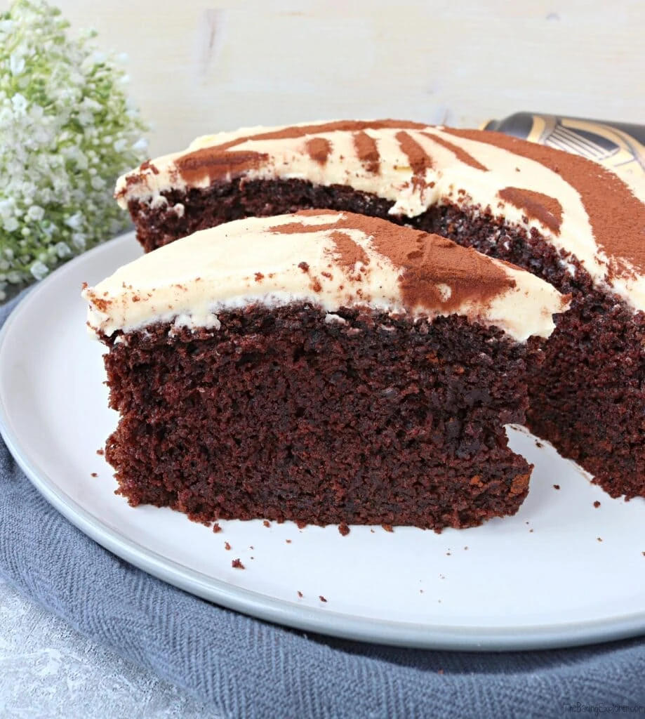 Close up of a slice of Chocolate Guinness Cake
