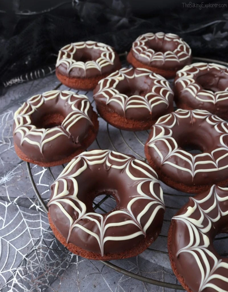 Chocolate Spiderweb Halloween Baked Donuts