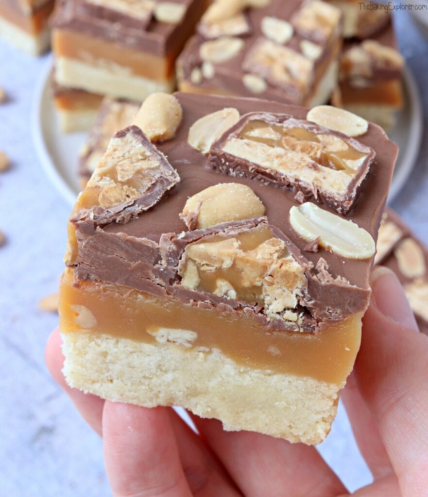 close up of Snickers Millionaire's Shortbread