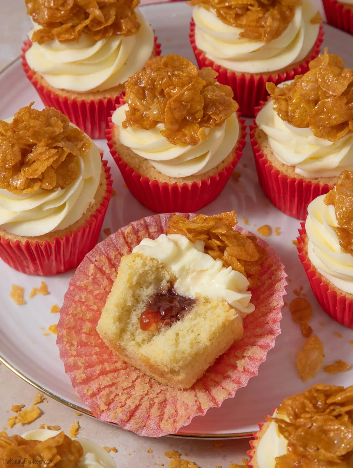 Strawberry & White Chocolate Cornflake Crunch Cupcakes